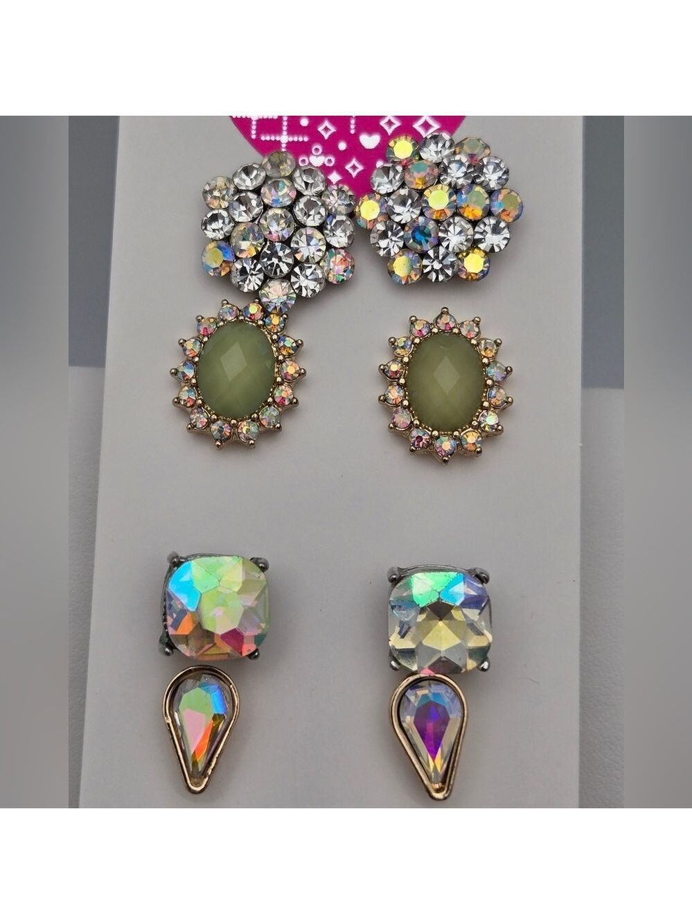 Vintage Set of 4 Aurora Borealis & Green Rhinestone Stud Earrings